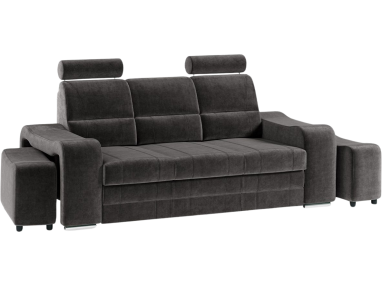 Ciemnoszara sofa rozkładana WESA na sprężynach, z funkcją spania, regulowanymi zagłówkami i dodatkowymi pufami