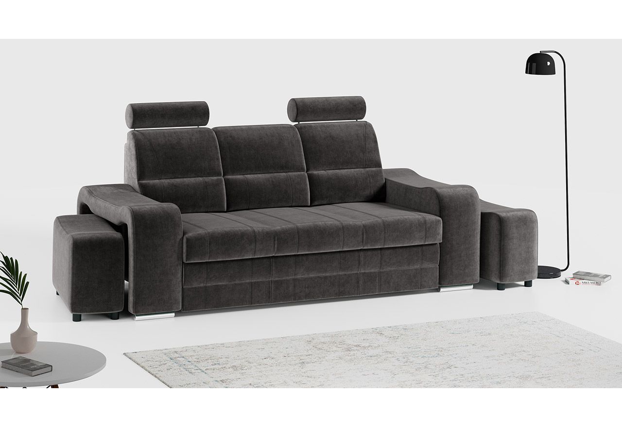 Ciemnoszara sofa rozkładana WESA na sprężynach, z funkcją spania, regulowanymi zagłówkami i dodatkowymi pufami