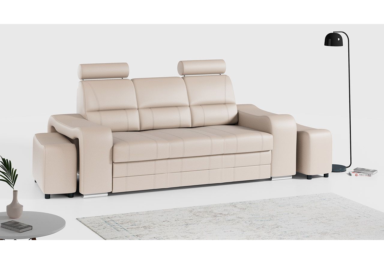 Wygodna, miękka, beżowa sofa do salonu WESA z ecoskóry, wyposażona w funkcję spania i dwie pufy