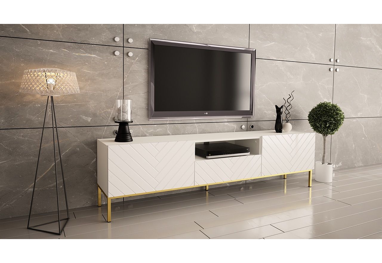 Biała szafka RTV 190 cm GAETO 1 ze złotymi metalowymi nogami do nowoczesnego salonu w stylu glamour