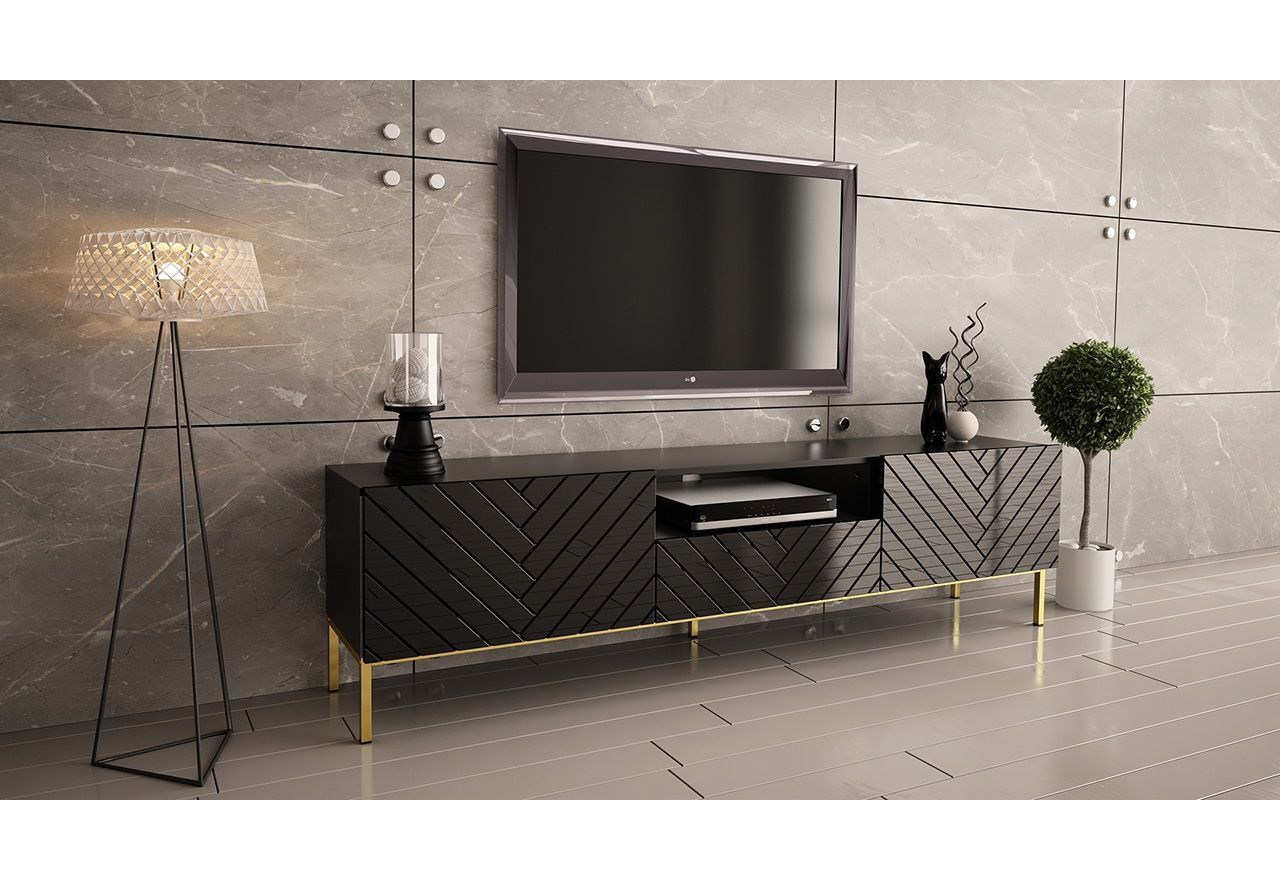 Bardzo elegancka szafka RTV w stylu glamour GAETO 1 z błyszczącymi frontami i złotymi metalowymi nogami 190 cm