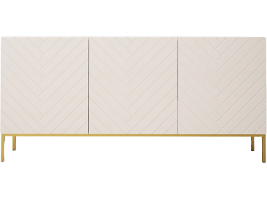 Biała komoda 160 cm w stylu glamour z trzema szafkami i błyszczącymi frontami GAETO 2 na metalowych nogach