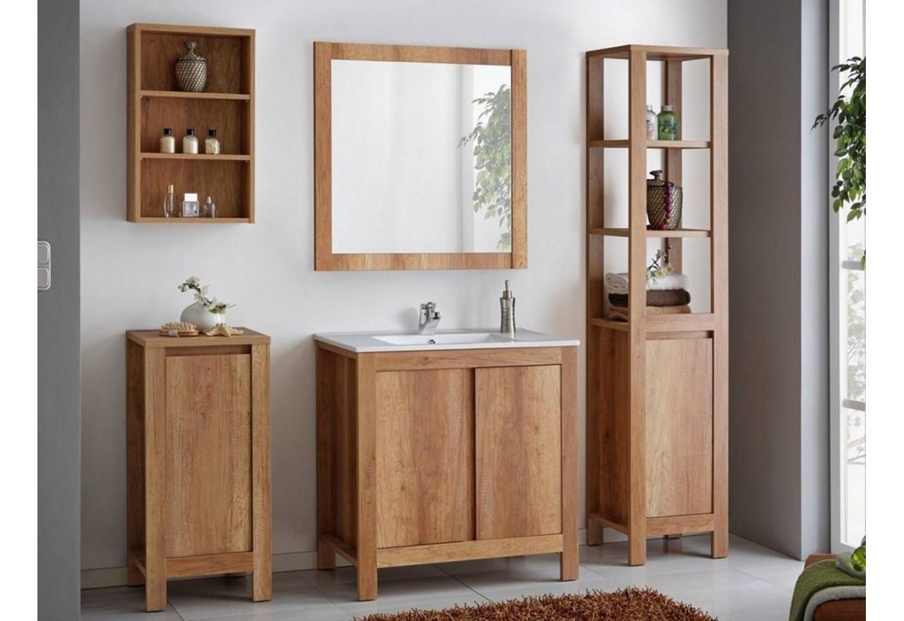 Praktyczny, stojący zestaw mebli łazienkowych z lustrem i opcją wyboru umywalki - HARMONY / Dąb Romański