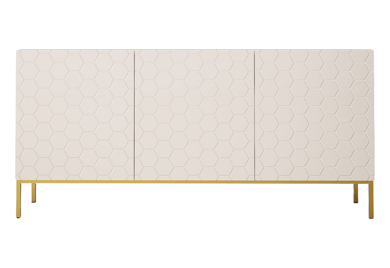 Biała komoda na metalowych złotych nogach, trzydrzwiowa ALVERE 2 160 cm z frontami w białym połysku i matowym korpusem