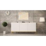 Biała komoda na metalowych złotych nogach, trzydrzwiowa ALVERE 2 160 cm z frontami w białym połysku i matowym korpusem