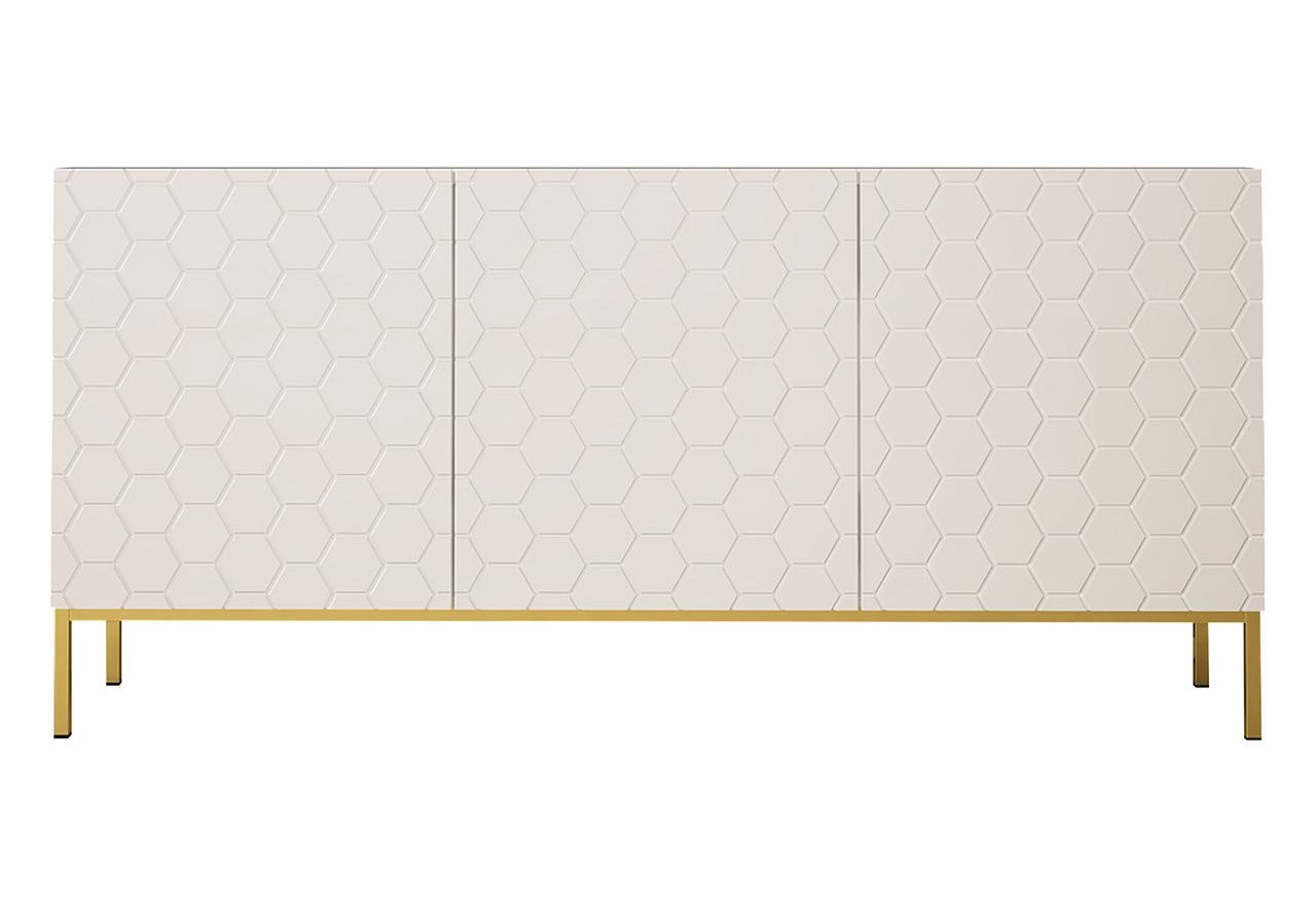 Biała komoda na metalowych złotych nogach, trzydrzwiowa ALVERE 2 160 cm z frontami w białym połysku i matowym korpusem