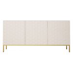 Biała komoda na metalowych złotych nogach, trzydrzwiowa ALVERE 2 160 cm z frontami w białym połysku i matowym korpusem