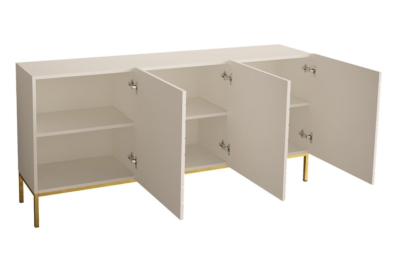 Biała komoda na metalowych złotych nogach, trzydrzwiowa ALVERE 2 160 cm z frontami w białym połysku i matowym korpusem