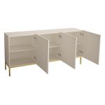 Biała komoda na metalowych złotych nogach, trzydrzwiowa ALVERE 2 160 cm z frontami w białym połysku i matowym korpusem