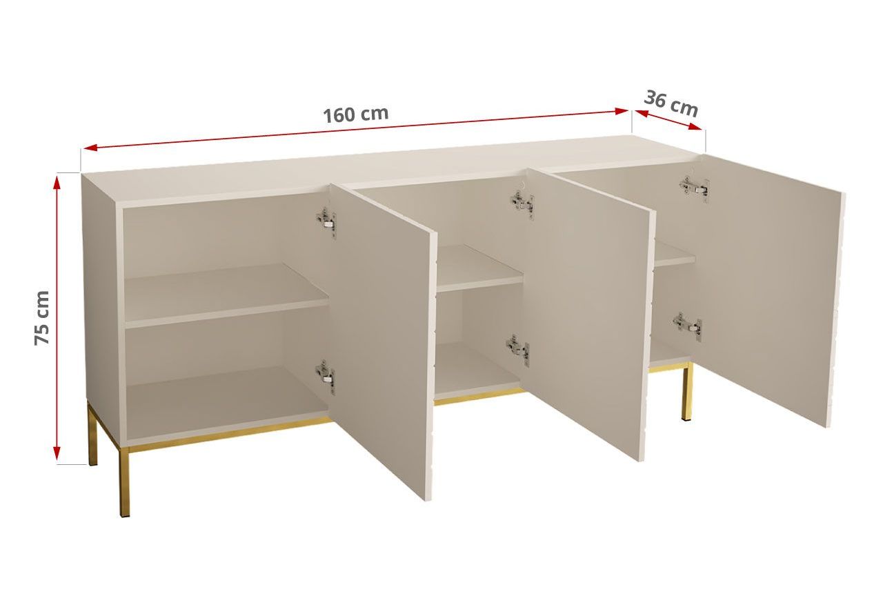 Biała komoda na metalowych złotych nogach, trzydrzwiowa ALVERE 2 160 cm z frontami w białym połysku i matowym korpusem