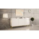 Biała komoda na metalowych złotych nogach, trzydrzwiowa ALVERE 2 160 cm z frontami w białym połysku i matowym korpusem