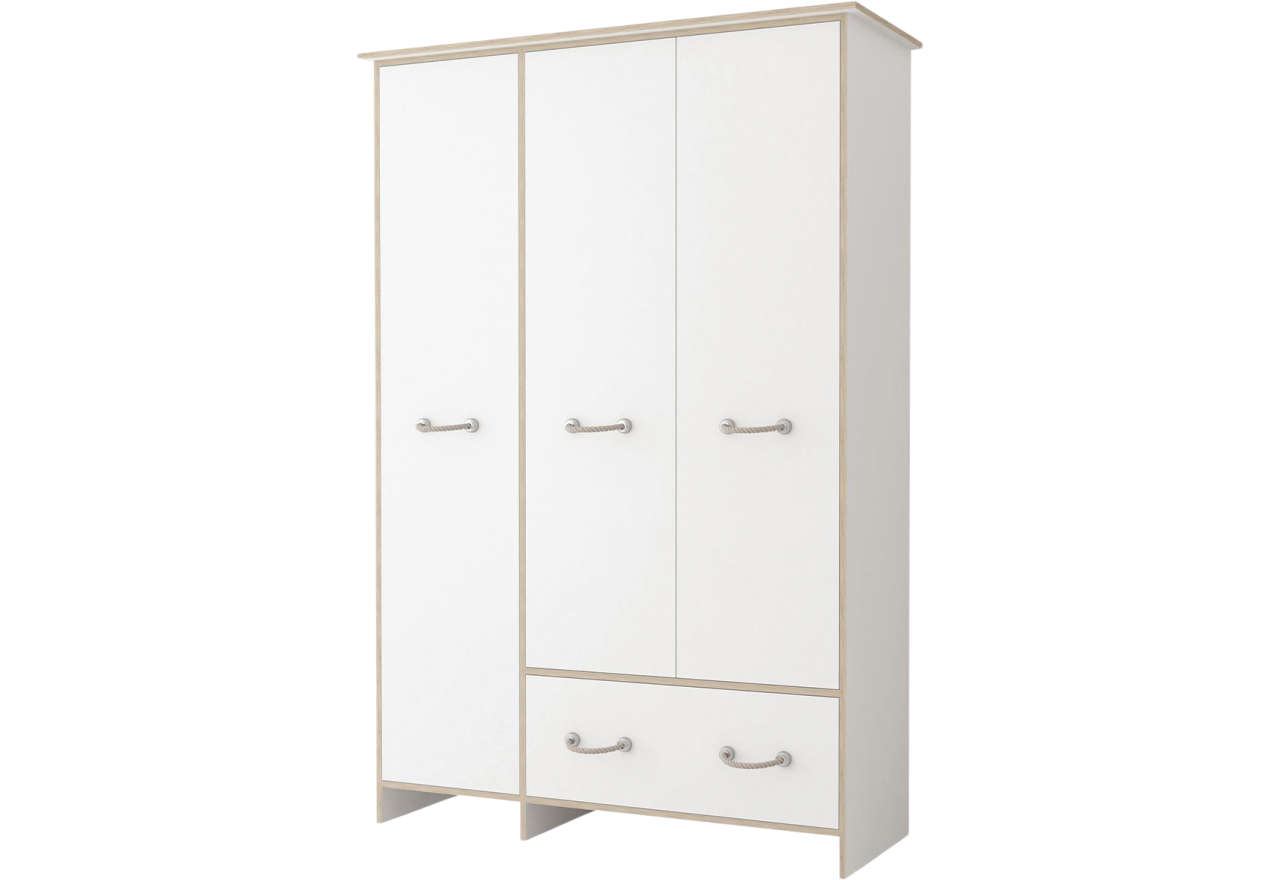 Biała szafa 3-drzwiowa 133 cm, z szufladą i pojemnymi półkami, do pokoju młodzieżowego - FLARON Biały mat / Dąb Sonoma