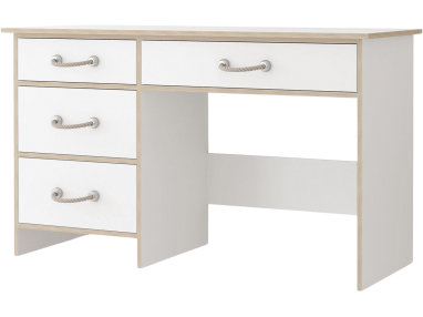 Jednoosobowe, białe biurko 130 cm z 4 szufladami, do pokoju młodzieżowego - FLARON Biały mat / Dąb Sonoma