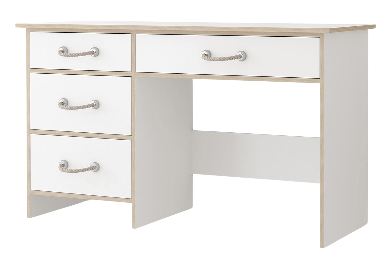 Jednoosobowe, białe biurko 130 cm z 4 szufladami, do pokoju młodzieżowego - FLARON Biały mat / Dąb Sonoma