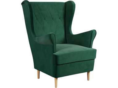 Tapicerowany fotel USZAK na wysokich nóżkach w skandynawskim stylu - RUBIN butelkowa zieleń