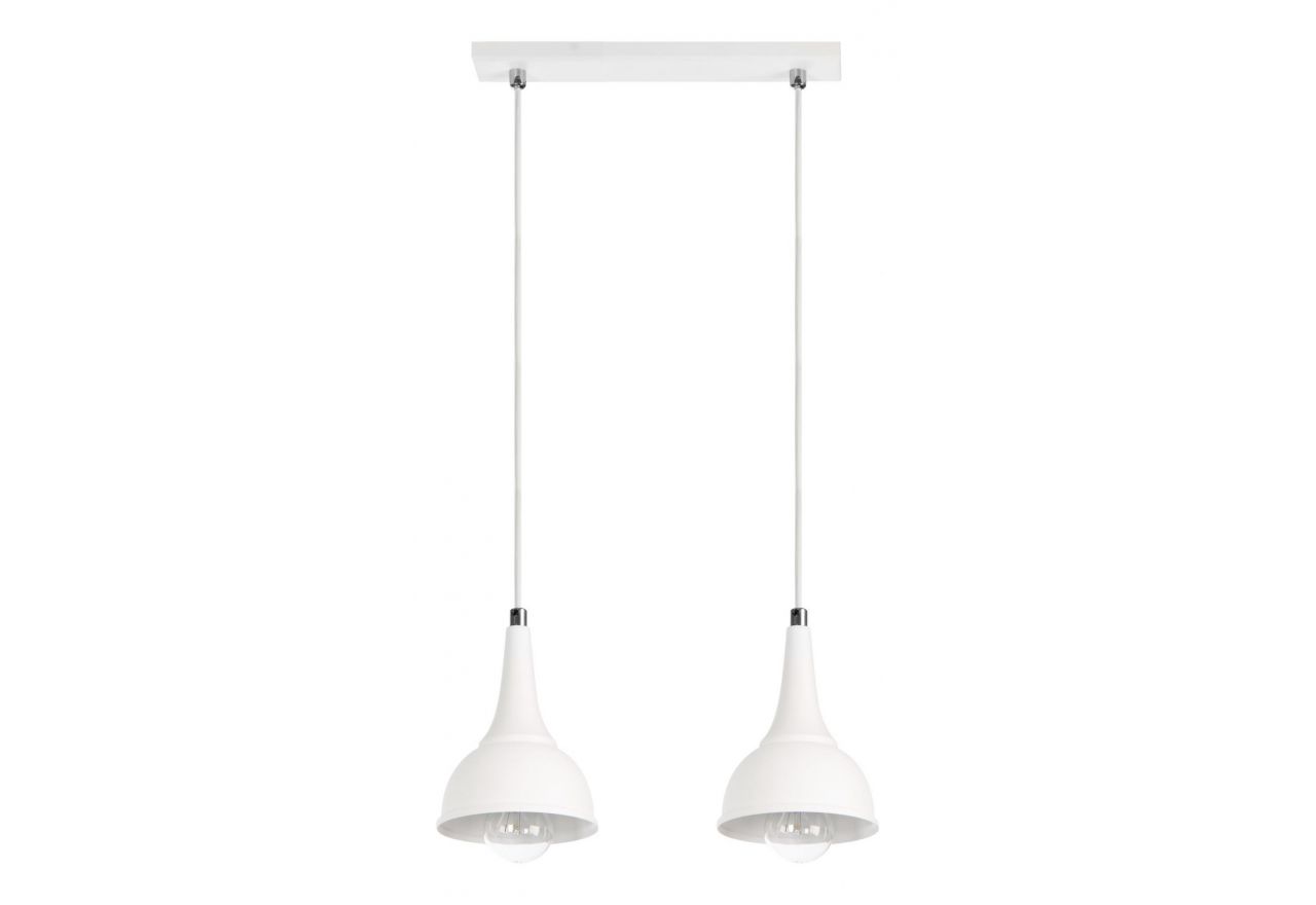Biała minimalistyczna lampa wisząca ALTARI z dwoma punktami świetlnymi w metalowych kloszach