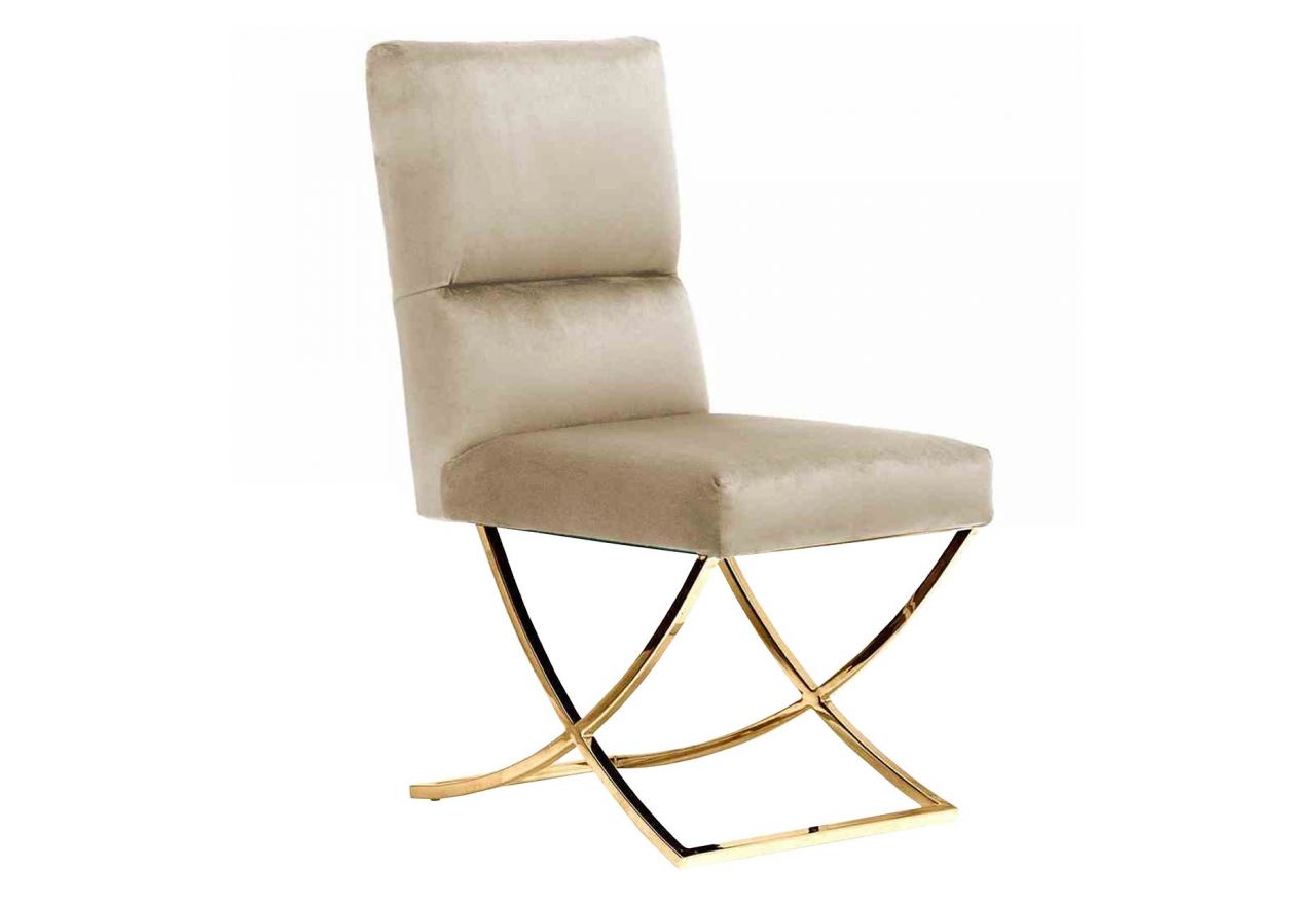 Nowoczesne stylowe krzesło MONDINI z miękkim siedziskiem, wysokim oparciem i metalowymi nogami.