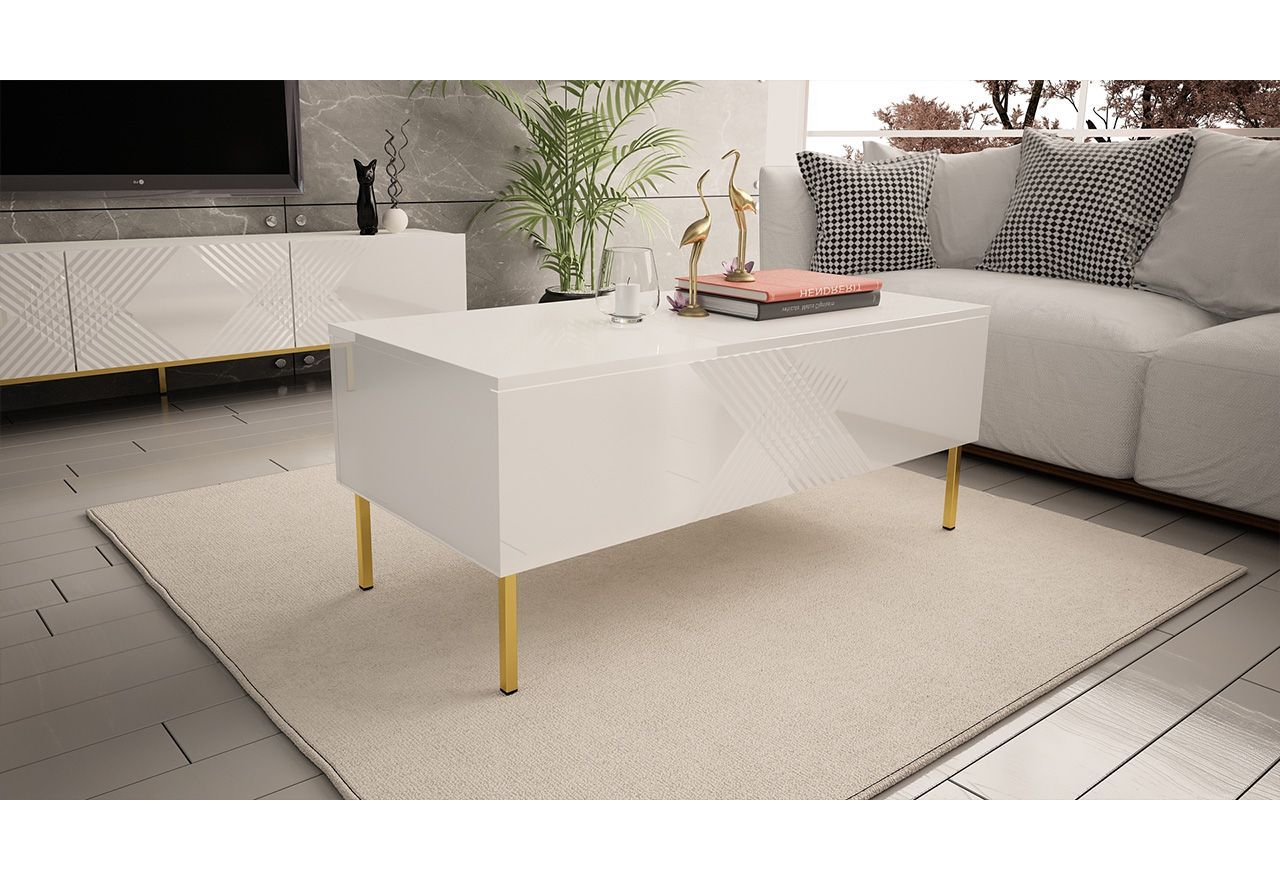 Biały stolik kawowy EXETER 3 ze złotymi nogami w stylu glamour, wykończony na wysoki połysk