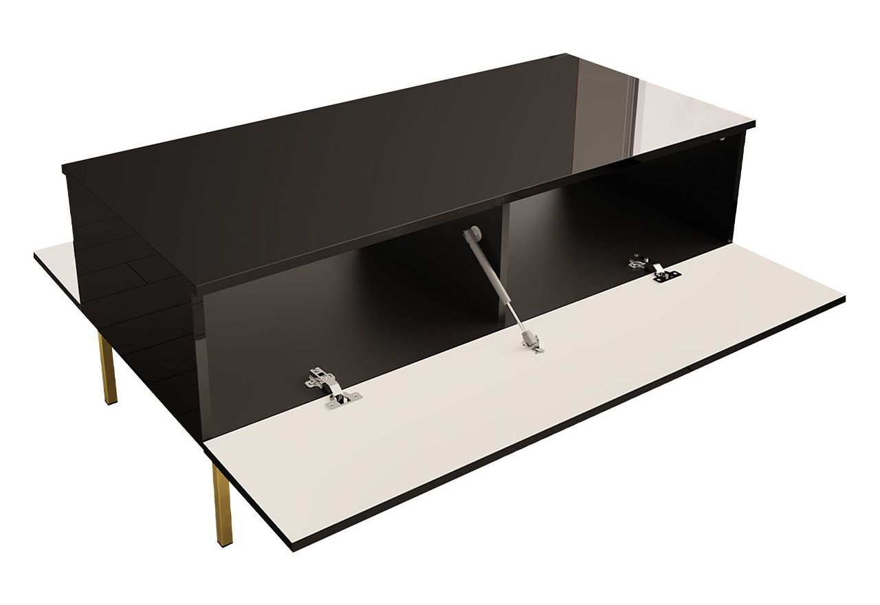 Stolik kawowy glamour EXETER 3 postawiony na złotych metalowych nogach i wykończony na czarny wysoki połysk