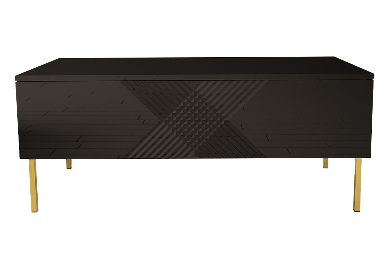 Stolik kawowy glamour EXETER 3 postawiony na złotych metalowych nogach i wykończony na czarny wysoki połysk