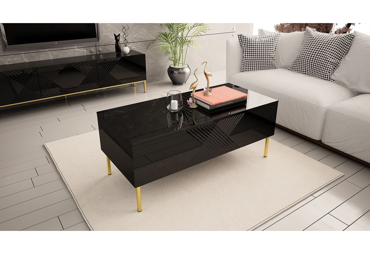 Stolik kawowy glamour EXETER 3 postawiony na złotych metalowych nogach i wykończony na czarny wysoki połysk