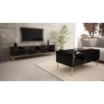 Stolik kawowy glamour EXETER 3 postawiony na złotych metalowych nogach i wykończony na czarny wysoki połysk