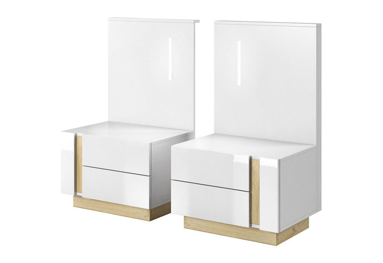 Modne stoliki nocne do sypialni z oświetleniem LED i szufladami - ARDANO / Biały Połysk / Dąb Grandson