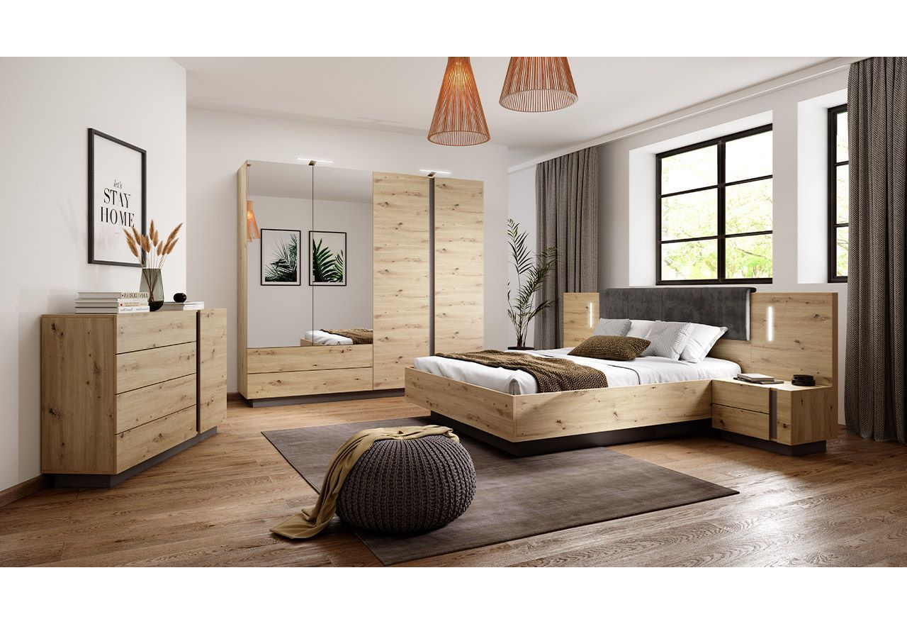 Praktyczny zestaw mebli do sypialni w nowoczesnym stylu z łóżkiem 160x200 - ARDANO / Dąb Artisan / Szary Grafit