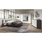 Modne łóżko drewniane 160x200 ze stolikami nocnymi i oświetleniem LED do sypialni - SALLY / Biały Mat / Szary Grafit