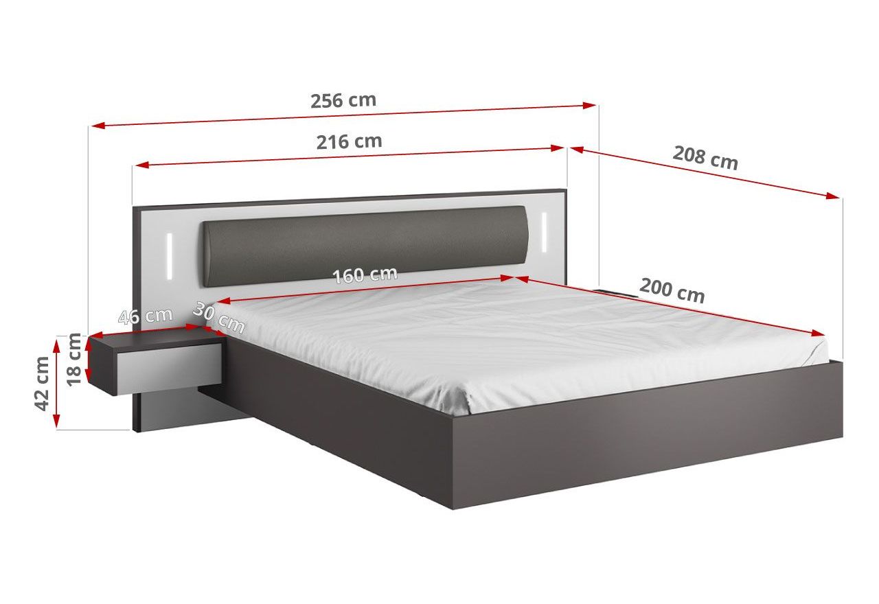 Modne łóżko drewniane 160x200 ze stolikami nocnymi i oświetleniem LED do sypialni - SALLY / Biały Mat / Szary Grafit