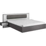 Modne łóżko drewniane 160x200 ze stolikami nocnymi i oświetleniem LED do sypialni - SALLY / Biały Mat / Szary Grafit