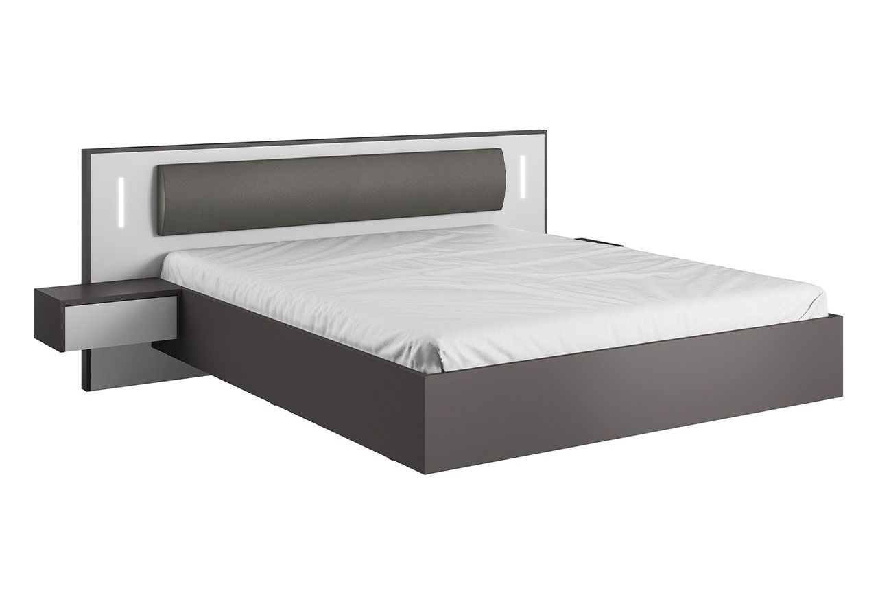 Modne łóżko drewniane 160x200 ze stolikami nocnymi i oświetleniem LED do sypialni - SALLY / Biały Mat / Szary Grafit