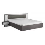 Modne łóżko drewniane 160x200 ze stolikami nocnymi i oświetleniem LED do sypialni - SALLY / Biały Mat / Szary Grafit