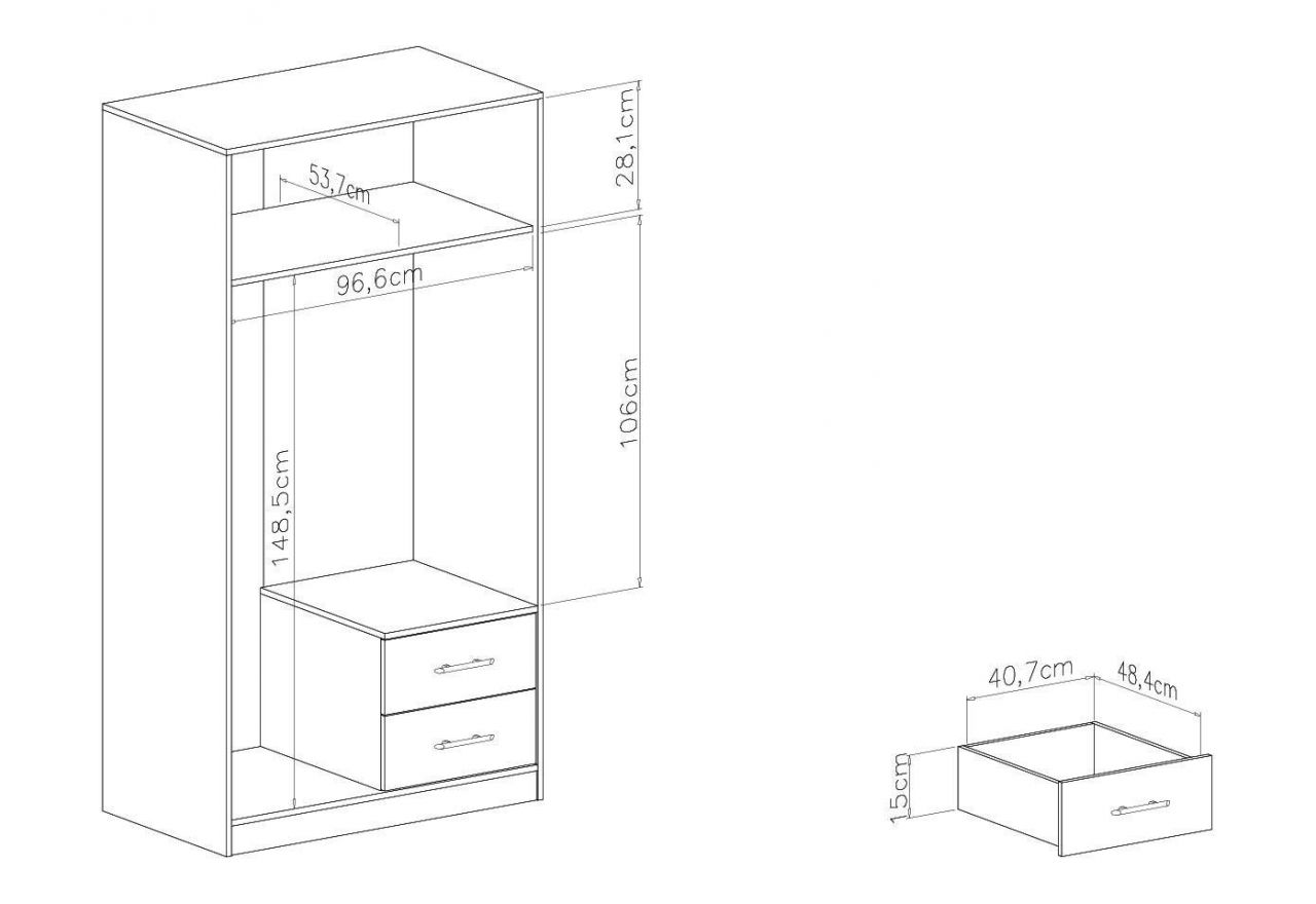 Praktyczna dwudrzwiowa szara szafa SAGOS z szufladami i drążkiem na wieszaki