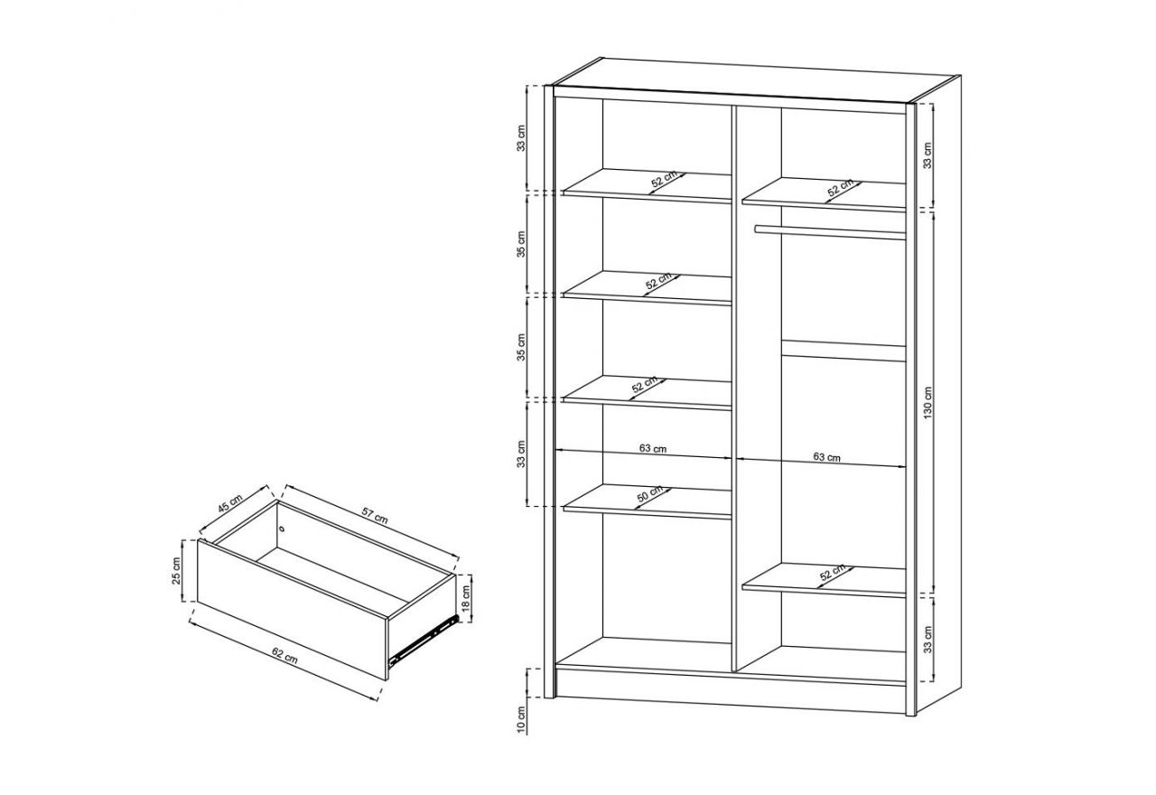 Szafa przesuwna z lustrem i szufladami do sypialni, biała 130 cm z dekorem drewna - FLORIA Biały mat / Dąb Artisan