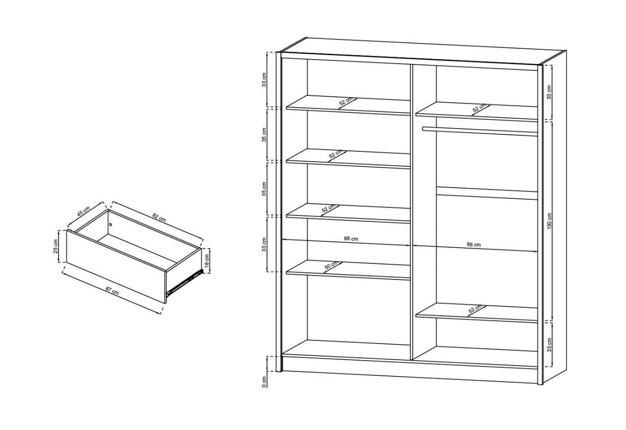 Szafa do sypialni z lustrem 180 cm, przesuwny front, dwie szuflady do przedpokoju - FLORIA Biały mat / Dąb Sonoma