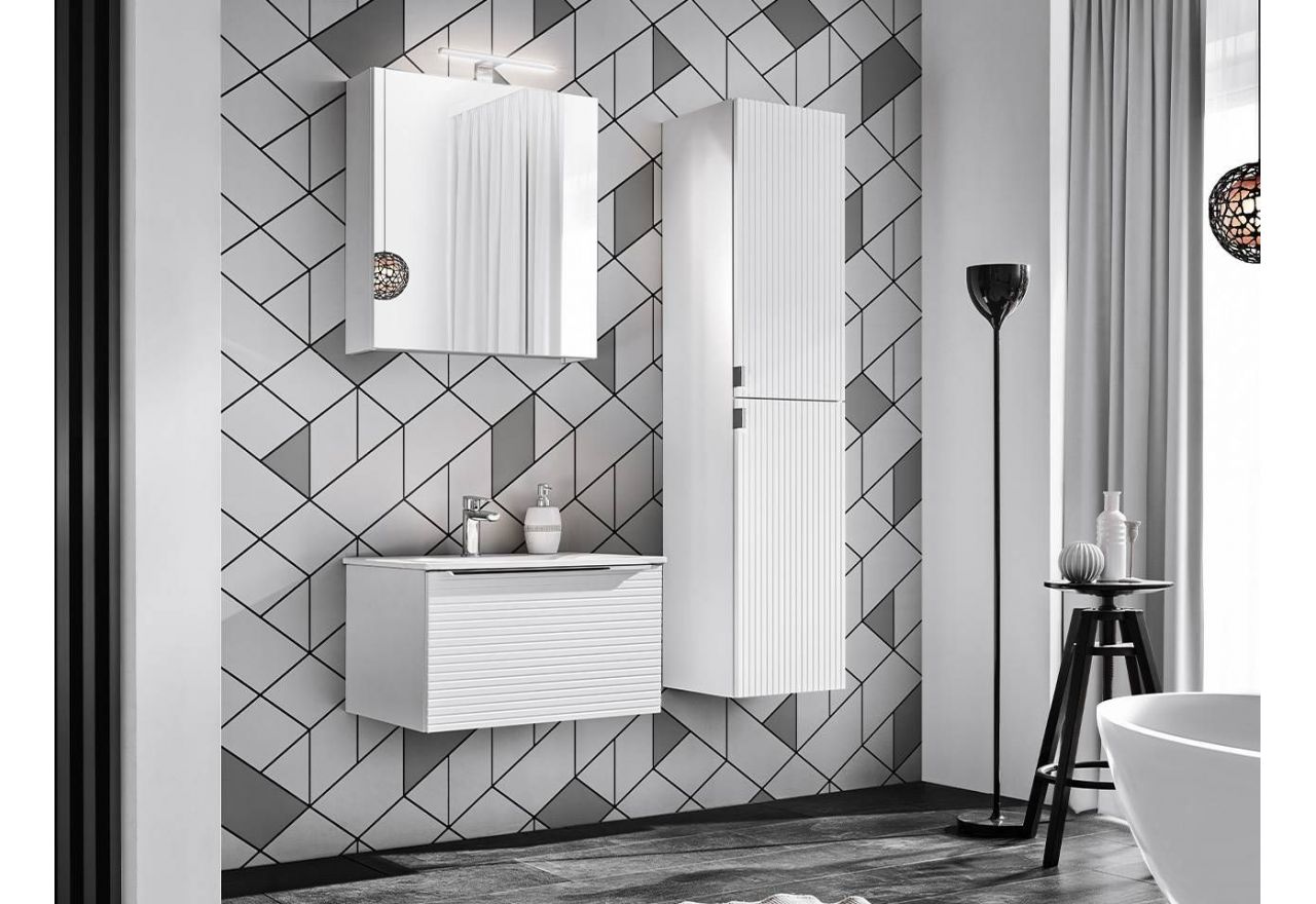 Praktyczna szafka łazienkowa wisząca z lustrem 60 cm w nowoczesnym stylu - LEVANTO / Biały