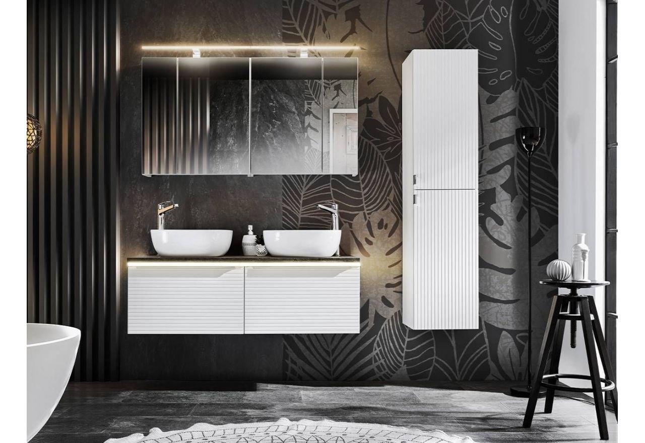 Praktyczny zestaw mebli łazienkowych w nowoczesnym stylu z lustrami i opcją LED - LEVANTO / Biały / Dąb Sherman