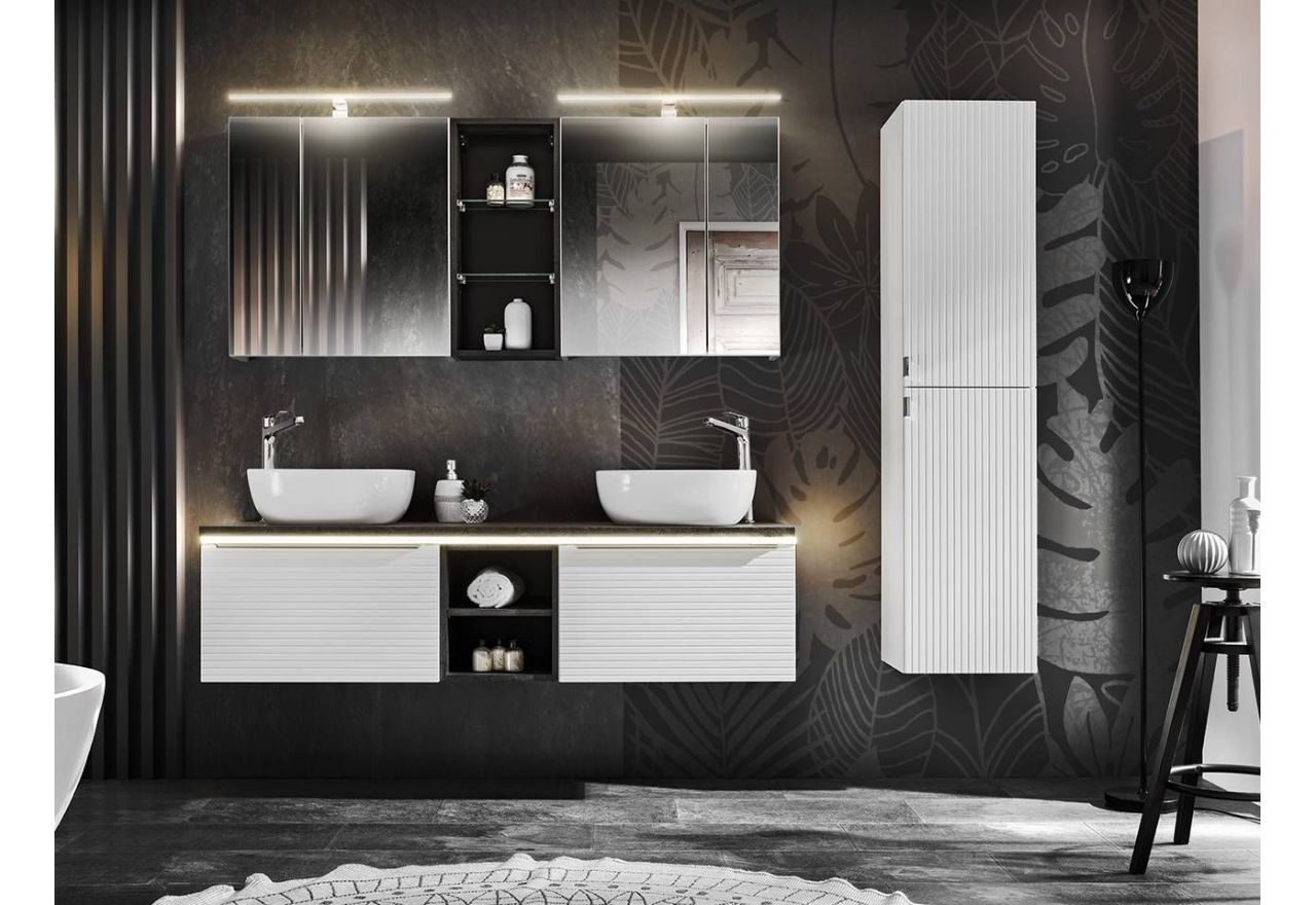 Wiszący zestaw mebli łazienkowych z opcją oświetlenia LED i szafkami pod umywalki nablatowe - LEVANTO / Biały / Dąb Sherman