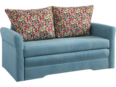Błękitna kanapa z welwetową tapicerką CINTO z funkcją spania, pojemnikiem na pościel i sprężynowym siedziskiem