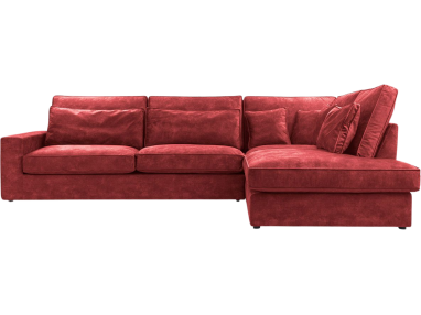 Duży narożnik wypoczynkowy do salonu CARDI L z czerwoną welurową tapicerką i zespołem poduszek oparciowych