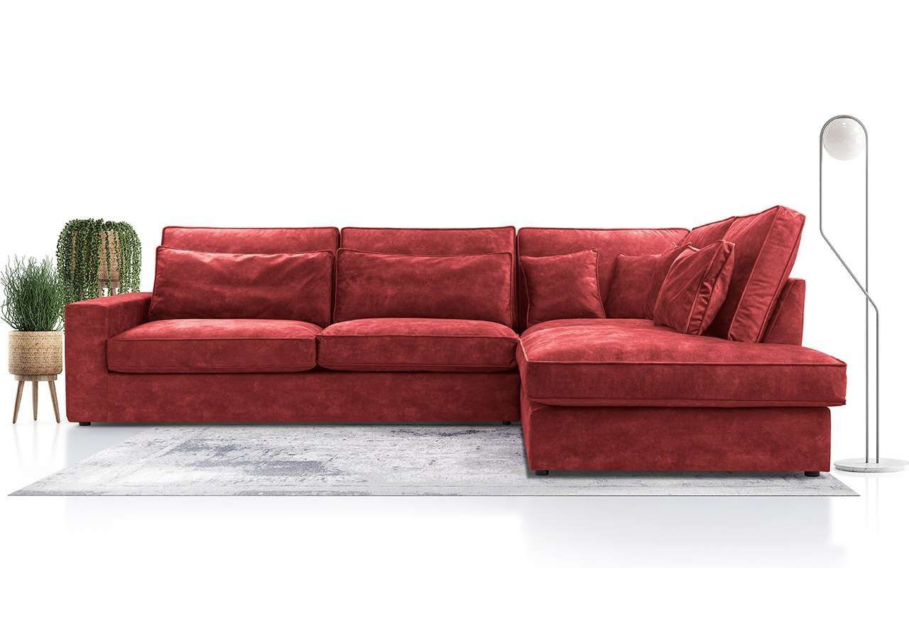 Duży narożnik wypoczynkowy do salonu CARDI L z czerwoną welurową tapicerką i zespołem poduszek oparciowych