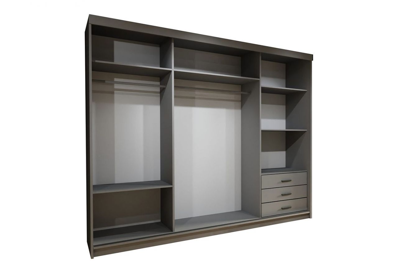 Szara szafa z lustrem i lamelami na froncie, trzydrzwiowa 250 cm REGNO, z szufladami i półkami