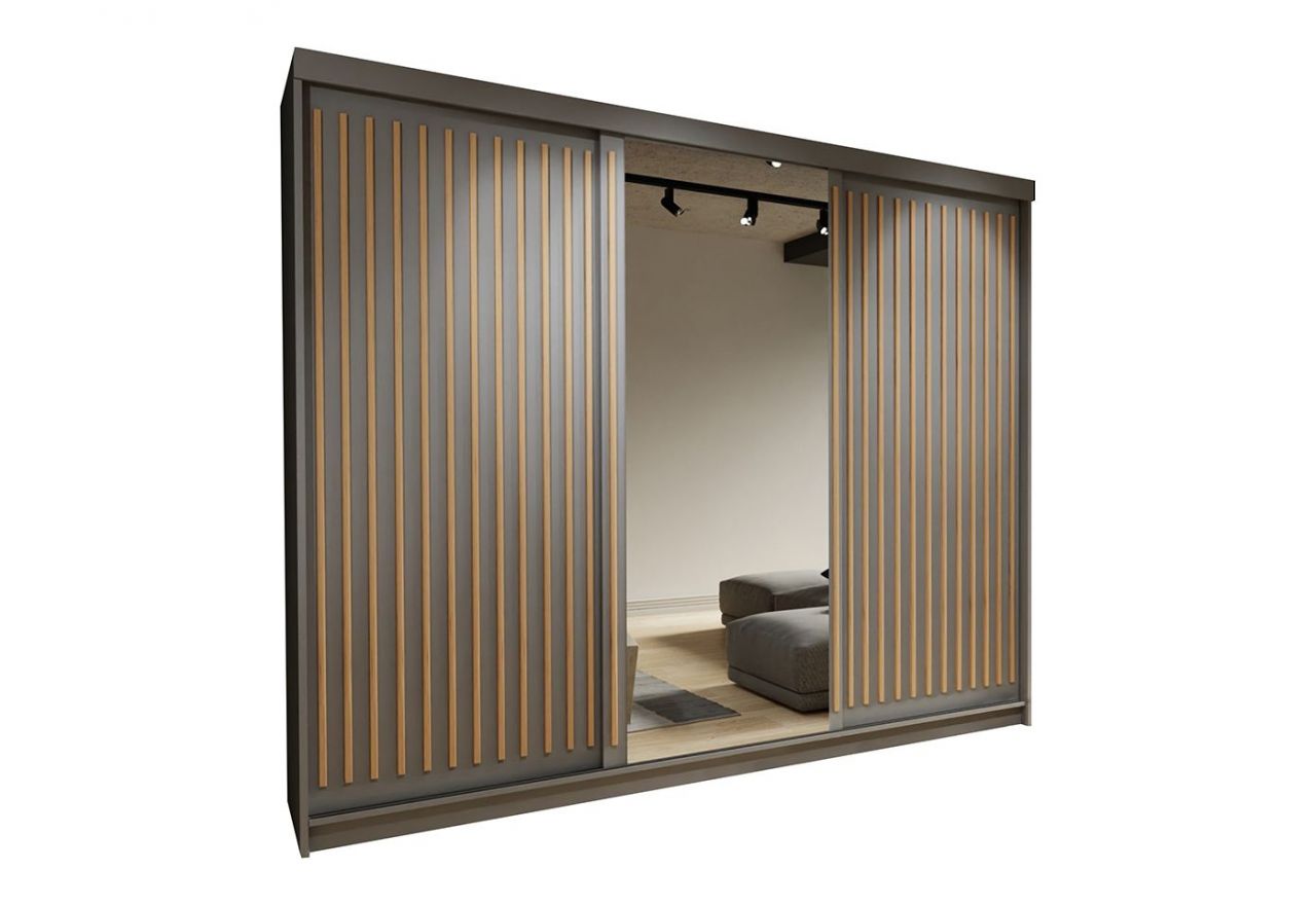 Szara szafa z lustrem i lamelami na froncie, trzydrzwiowa 250 cm REGNO, z szufladami i półkami