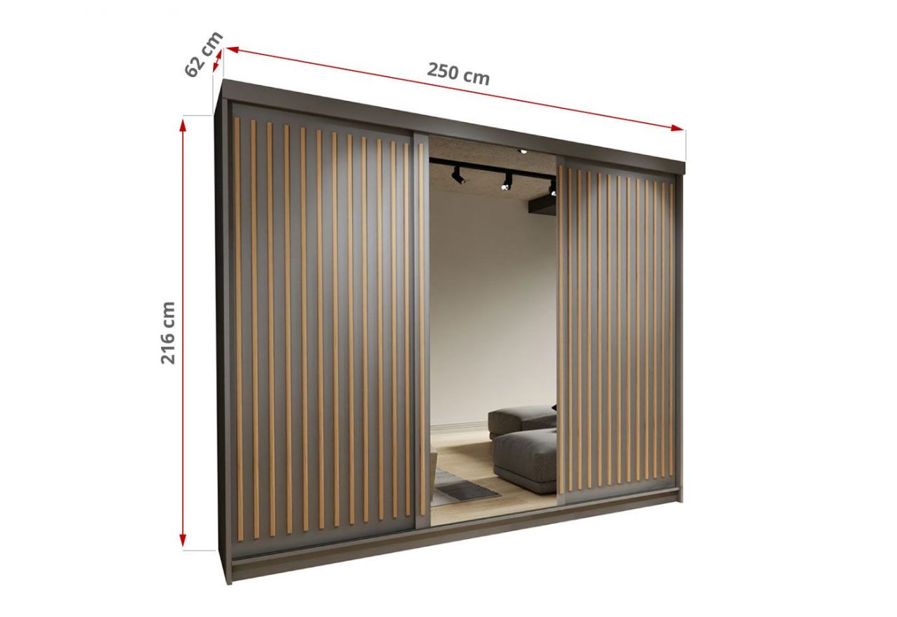 Szara szafa z lustrem i lamelami na froncie, trzydrzwiowa 250 cm REGNO, z szufladami i półkami