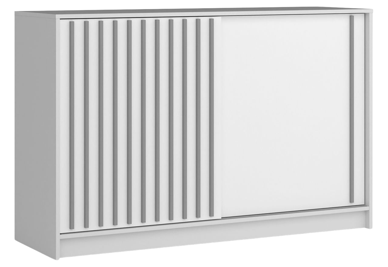 Biała komoda z przesuwnymi drzwiami REGNO 150 cm z szarymi lamelami na froncie
