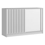 Biała komoda z przesuwnymi drzwiami REGNO 150 cm z szarymi lamelami na froncie