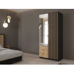 Modułowa szafa 100 cm wyposażona w lustro i szuflady, dwudrzwiowa LANARK z lamelami w kolorze dąb wotan