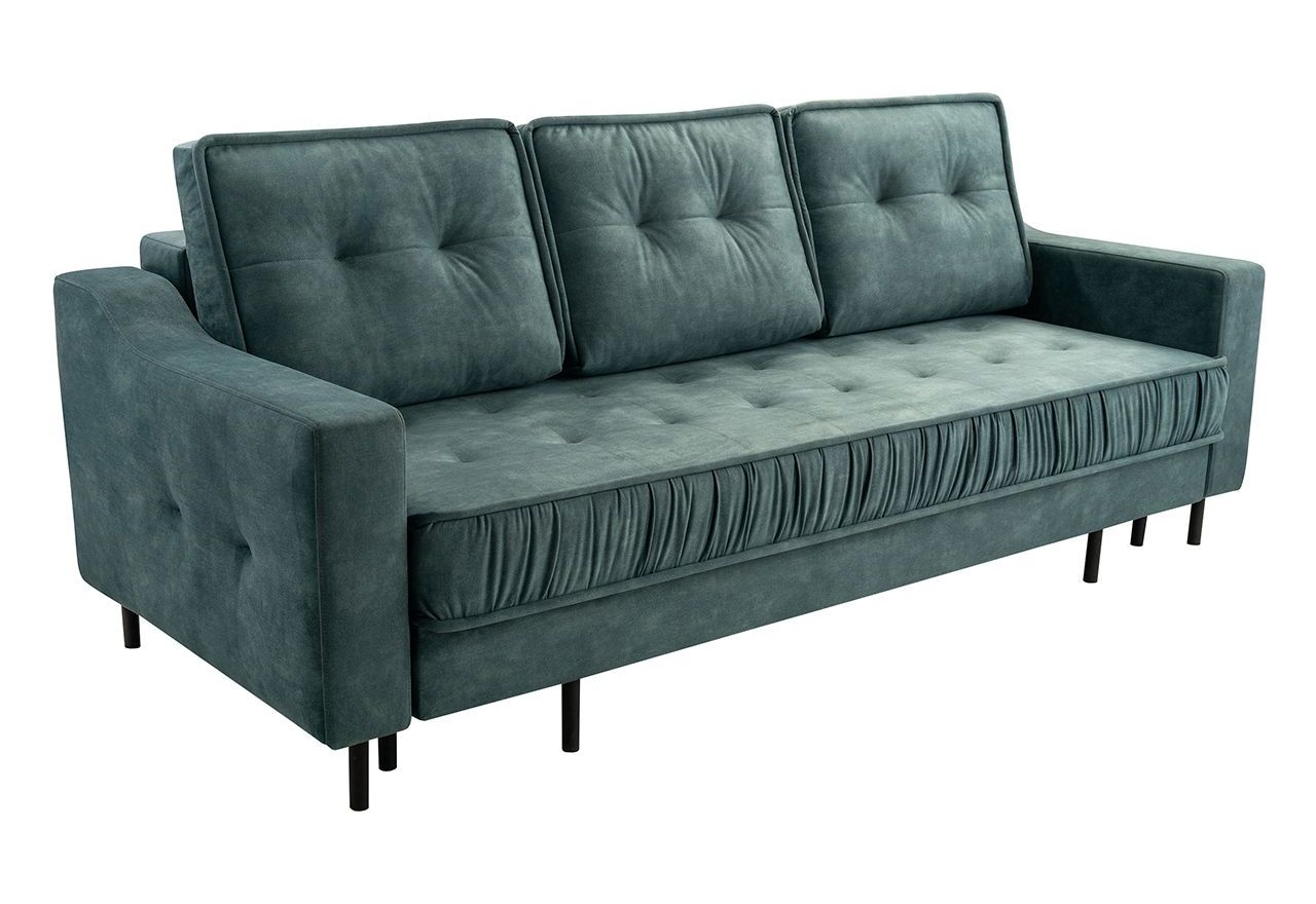 Trzyosobowa kanapa pikowana z welurową tapicerką w odcieniu azur AREZZO rozkładana, z pojemnikiem na pościel