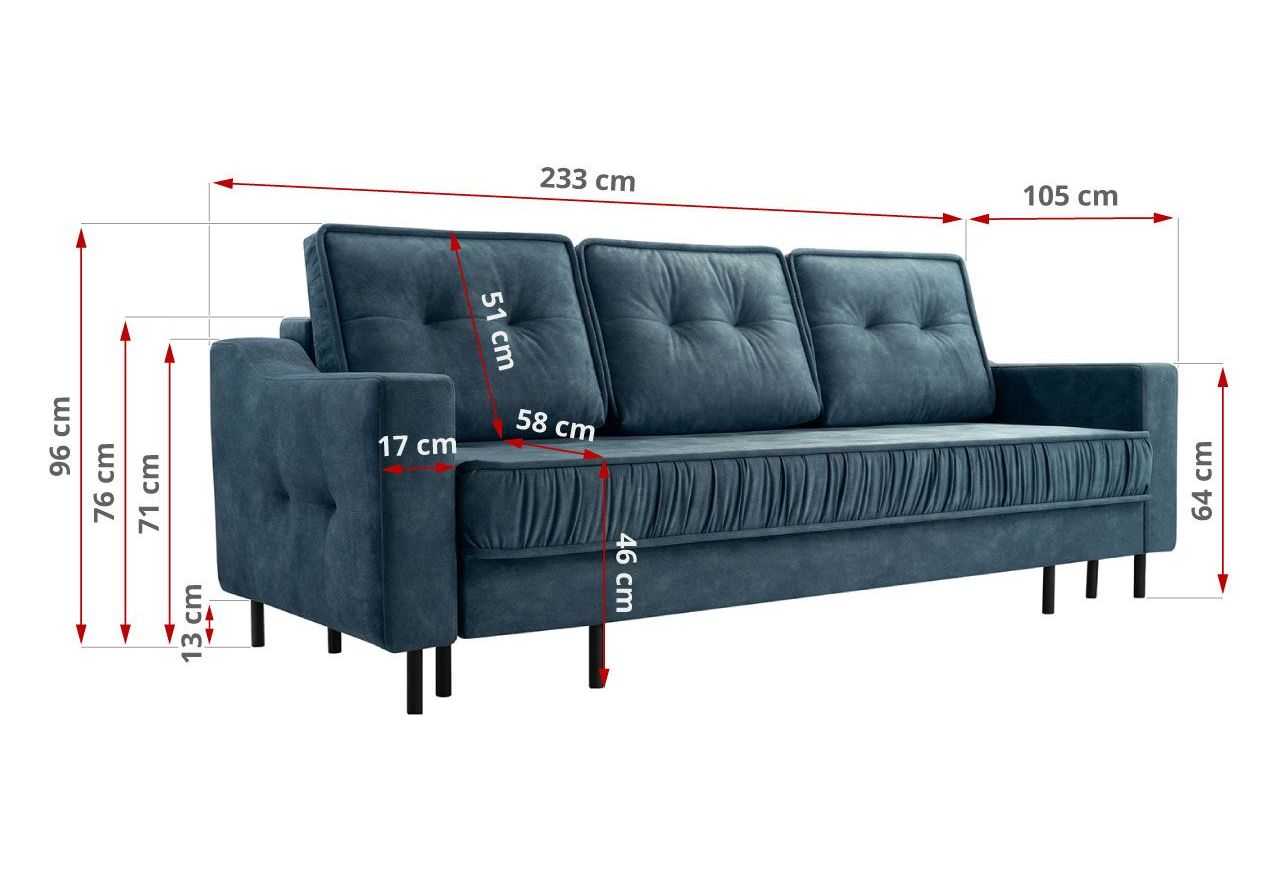 Trzyosobowa kanapa pikowana z welurową tapicerką w odcieniu azur AREZZO rozkładana, z pojemnikiem na pościel